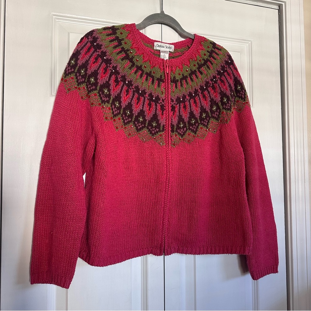 Vintage Chelsea Studio Pink/Green beaded Zip-Up Sweater
